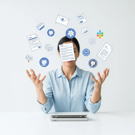 Illustration depicting the frustration of manual status reporting with scattered documents and overwhelming information